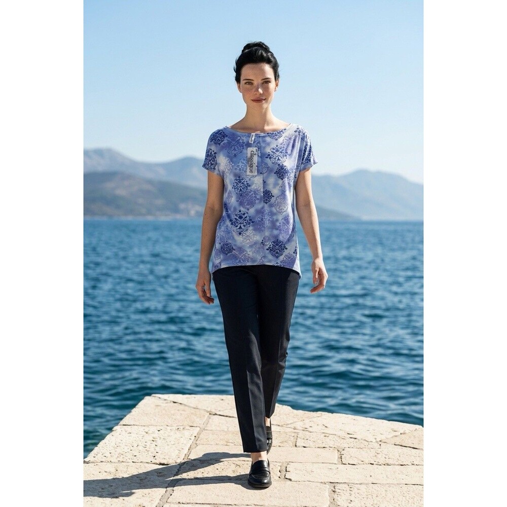 Classique Women’s Blue Western Tunic Top Size S Asymmetrical Hem Retro Casual